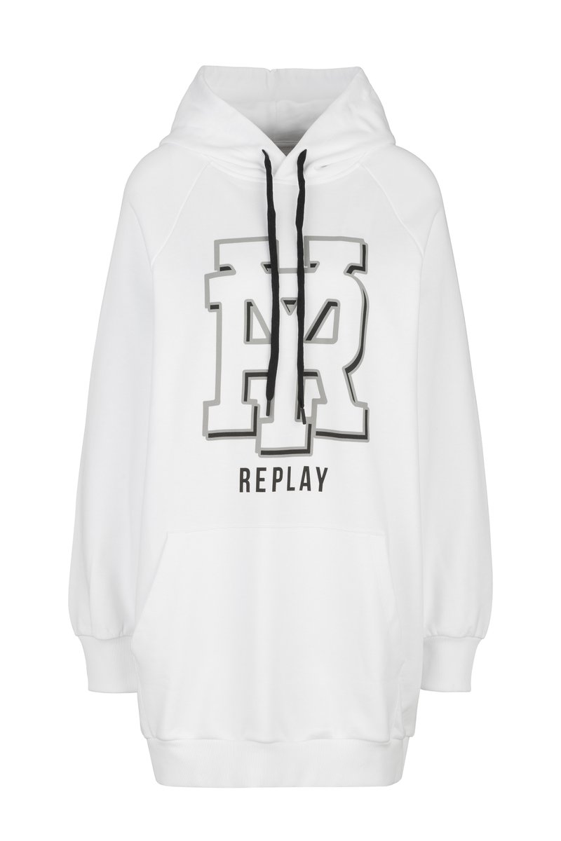 Witte hoodie met een groot zwart en grijs "R"-logo en de tekst "REPLAY". Heeft een trekkoordkap en een buidelzak. Zacht materiaal.