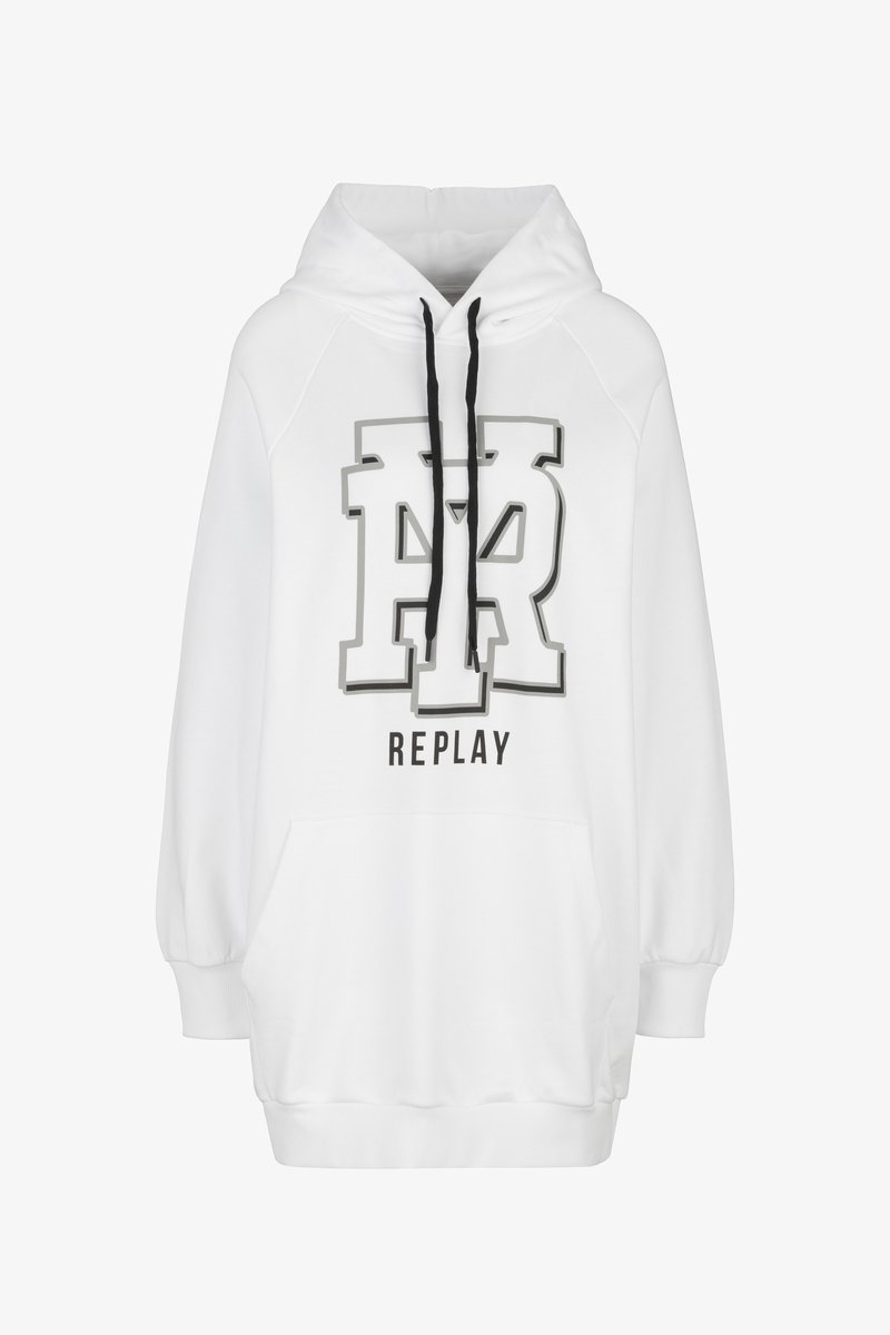 Witte hoodie met een groot zwart en grijs "R"-logo en de tekst "REPLAY". Heeft een trekkoordkap en een buidelzak. Zacht materiaal.