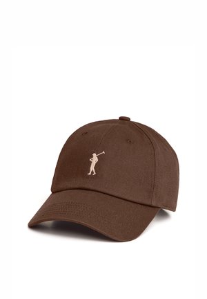Braune Baseballkappe mit gebogenem Schirm, vorne in der Mitte mit einer kleinen beigefarbenen Golfer-Silhouette bestickt.