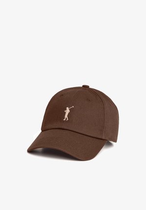 Cappellino da baseball marrone con visiera curva, caratterizzato da una piccola silhouette beige di un golfista ricamata al centro anteriore.
