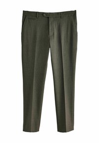 Dark green textured trousers with a flat front, side pockets, and a button closure. Straight leg fit, tailored design.
