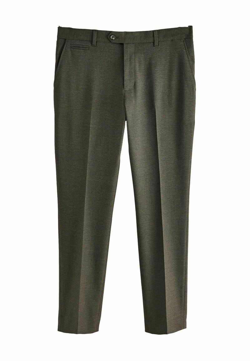 Dark green textured trousers with a flat front, side pockets, and a button closure. Straight leg fit, tailored design.