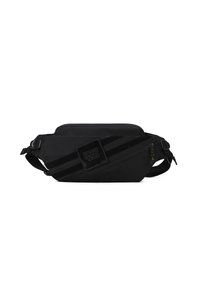 Borsa a tracolla nera di forma rettangolare, con una ampia tracolla regolabile, superfici testurizzate e una patch con il marchio. Comparto con cerniera visibile.