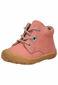Stivali alla caviglia in pelle rosa con suola in gomma beige, punta arrotondata e chiusura con lacci caratterizzata da occhielli metallici e dettagli in cucitura.