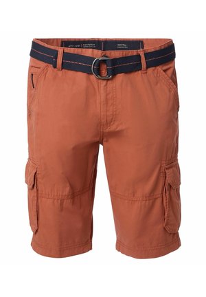 Orange cargo shorts lavet af letvægtsstof, med en bælte talje, flere lommer og en knælang længde.