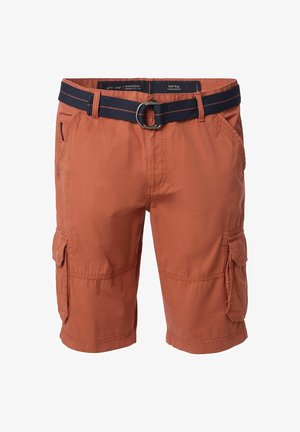 Orange cargo shorts made of lightweight fabric, featuring a belted waist, multiple pockets, and a knee-length cut.