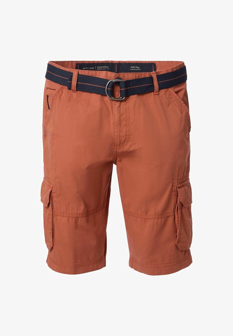 Oranje cargoshorts van lichtgewicht stof, met een riem in de taille, meerdere zakken en een knielengte.