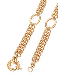 Zlatohnědý kovový náhrdelník z řetězu s proplétanými články a kulatým zapínáním, s hladkým povrchem a úseky otevřených článků.