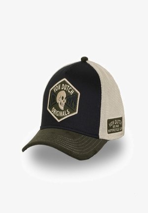 Casquette trucker noire et verte avec une couronne structurée, des côtés en mesh et un patch frontal affichant un crâne, un logo et une date d'établissement.