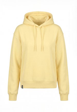 Hellgelber Pullover mit Kapuze und Kordelzug, langen Ärmeln, gerippten Bündchen und einem kleinen schwarzen Stoffetikett an der linken Seite des Saums.