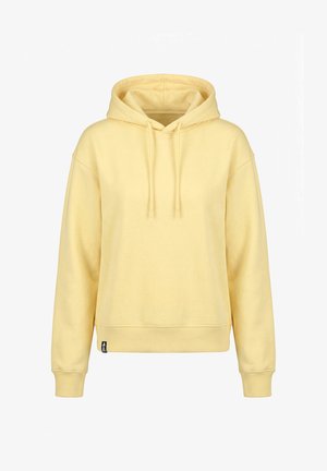 Hellgelber Pullover mit Kapuze und Kordelzug, langen Ärmeln, gerippten Bündchen und einem kleinen schwarzen Stoffetikett an der linken Seite des Saums.