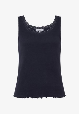 Schwarzes geripptes ärmelloses Tanktop mit Spitzensaum entlang des tief ausgeschnittenen Halsausschnitts und leicht gerafftem Saum, mit dem Etikett "MORE & MORE".