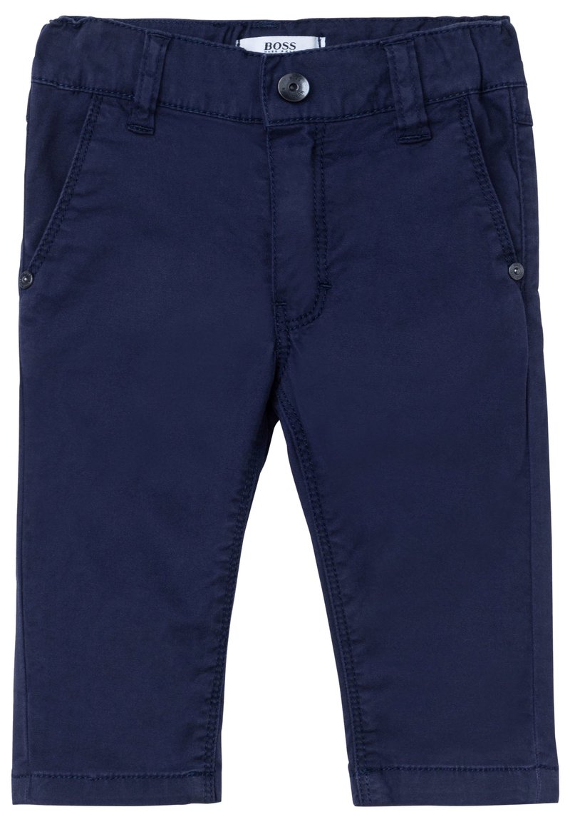 Pantalones de mezcla de algodón azul marino con textura suave, ajuste slim, bolsillos delanteros y cierre de botón, con sutiles detalles de costura.