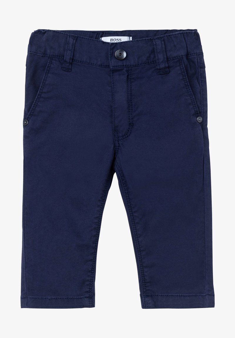 Pantalones de mezcla de algodón azul marino con textura suave, ajuste slim, bolsillos delanteros y cierre de botón, con sutiles detalles de costura.