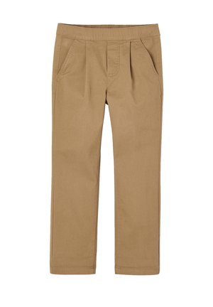 Light brown, stretchy, cotton-blend pants with a flat front, two side pockets, and subtle pleats. Classic design with a straight leg silhouette.