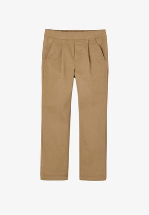 Helle braune, dehnbare Baumwollmischungshosen mit flacher Vorderseite, zwei Seitentaschen und dezenten Falten. Klassisches Design mit geradem Bein.
