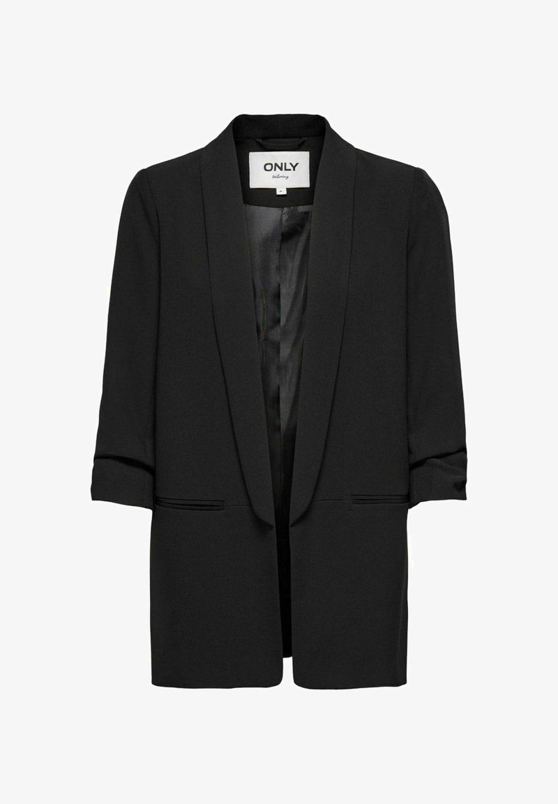 Blazer long noir pour femme avec col châle, manches retroussées, deux poches fendues devant et doublure intérieure lisse.