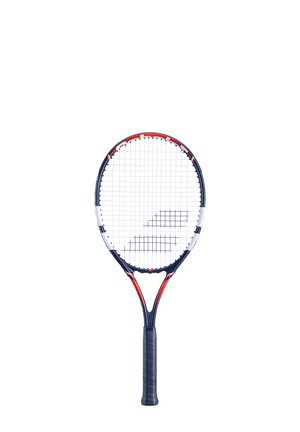 Tennisketcher med en mørkeblå ramme, hvide accenter, røde detaljer og et struktureret sort greb. Har et gittermønster på strengene og oval form.