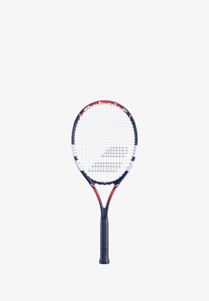 Tennisketcher med en mørkeblå ramme, hvide accenter, røde detaljer og et struktureret sort greb. Har et gittermønster på strengene og oval form.