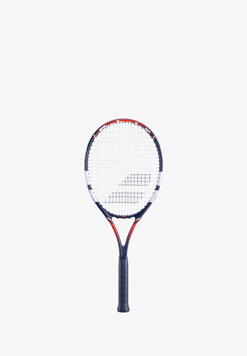 Tennisketcher med en mørkeblå ramme, hvide accenter, røde detaljer og et struktureret sort greb. Har et gittermønster på strengene og oval form.