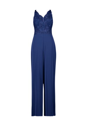 Marineblå ærmeløs jumpsuit med blonder overdel, justerbare stropper og vide ben.