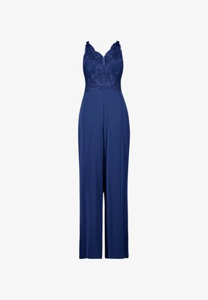 Navy blue sleeveless jumpsuit with lace bodice, adjustable straps, and wide-leg pants.