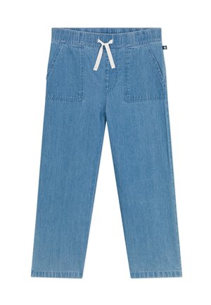 Light blue denim pants with an elastic waistband and white drawstring. Features two front pockets and a straight-leg design.