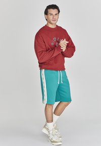 Felpa rossa con dettagli grafici, abbinata a pantaloni corti turchesi con strisce bianche sui lati. Il modello indossa sneaker beige e calze bianche.