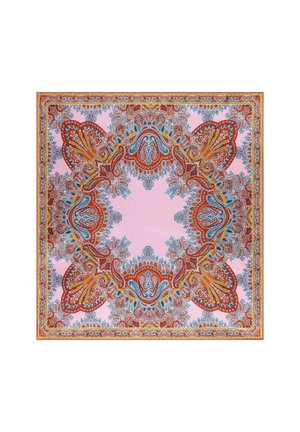 Square scarf with symmetrical paisley patterns in red, blue, and yellow on a pink background and a detailed decorative border.