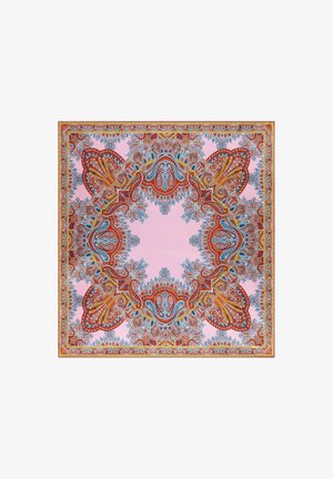 Quadratisches Halstuch mit symmetrischen Paisley-Mustern in Rot, Blau und Gelb auf rosa Hintergrund und einem detaillierten dekorativen Rand.