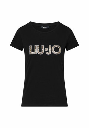 Camiseta negra de manga corta con cuello redondo, con el logo "LIU•JO" en estampado de leopardo y adornos de pedrería en la parte delantera.