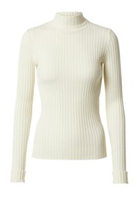 Geribbeld coltrui in off-white, met lange mouwen en een getailleerde vorm met subtiele mouwdetails en een lichte textuur.
