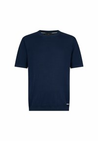 Marineblå t-shirt med korte ærmer lavet af blød bomuld. Har en rund hals og en lille logoetiket i nederste venstre søm. Enkel design, ingen mønstre.