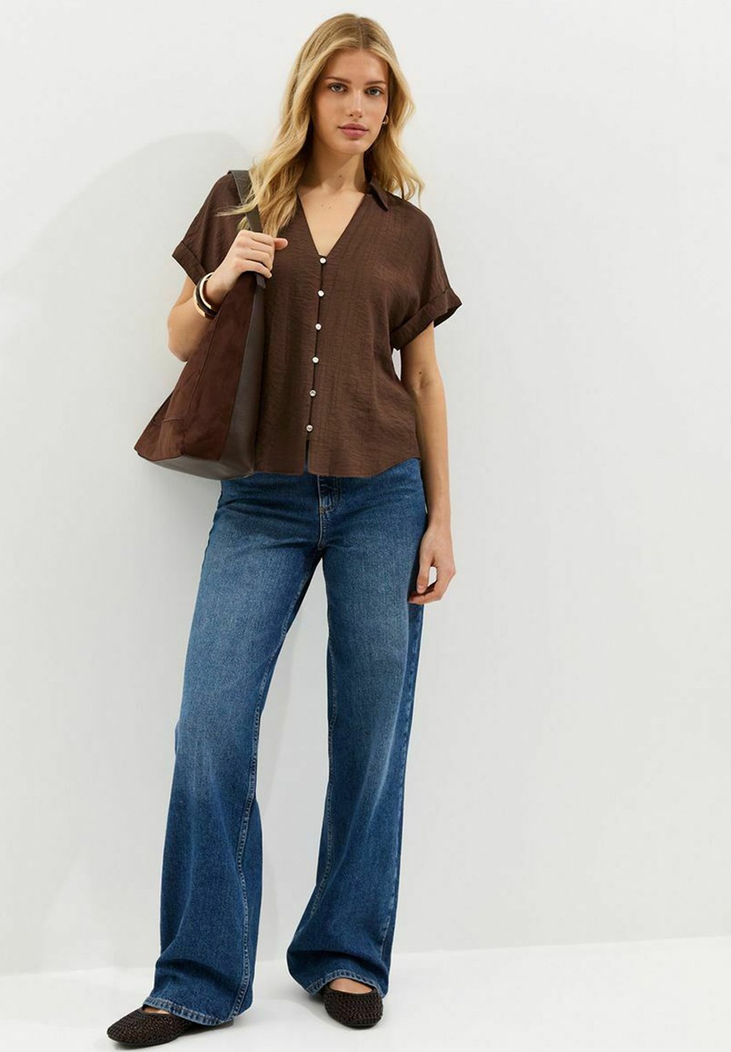 New Look CRINKLED SHORT SLEEVE SHIRT - Button-down blouse - dark