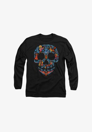 Long-sleeve black shirt featuring a colorful skull design with floral accents and intricate patterns, depicting musicians and dancers.