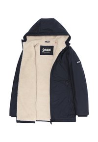 Giacca con cappuccio blu navy con fodera in pile crema, zip anteriore, tasca con zip e etichette del marchio Schott sul petto e sulla manica.