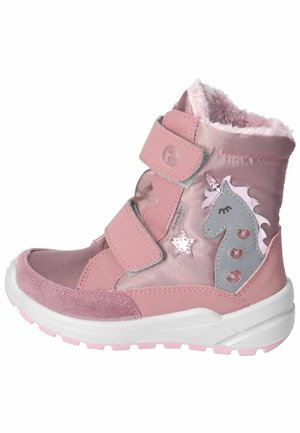 Rosa High-Top-Stiefel aus synthetischem Material, mit einem Einhorn-Design, Klettverschlussriemen und einer strukturierten rosa Sohle.