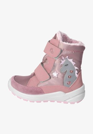 Stivali alti rosa realizzati in materiale sintetico, con un design di unicorno, cinturini in velcro e una suola rosa texturizzata.