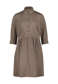 Khaki button-up dress with a collar, 3/4 sleeves, and a gathered waistline, crafted from smooth fabric with a soft texture.