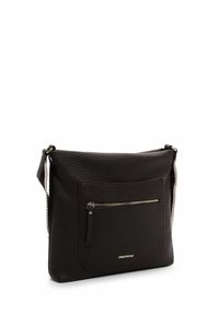 Black leather crossbody bag with textured finish, featuring a front zip pocket and a detachable strap. Compact, rectangular shape.