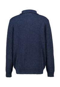 Navy blue ribbed sweater with a collared neck and long sleeves. Features a relaxed fit and textured fabric throughout.