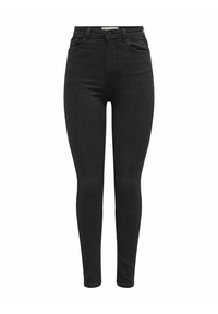 Jeans ajustados de tiro alto en color negro con una textura de denim suave, que cuentan con bolsillos delanteros y traseros y un cierre clásico de botón.