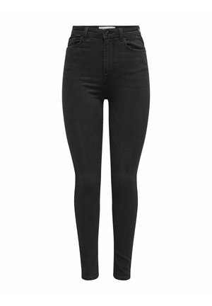 Černé skinny džíny s vysokým pasem a hladkou denimovou strukturou, s předními a zadními kapsami a klasickým zapínáním na knoflík.