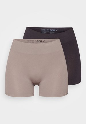 Two pairs of stretch fabric shorts in beige and dark gray. Features a wide waistband and smooth texture. Unlined with a seamless finish.