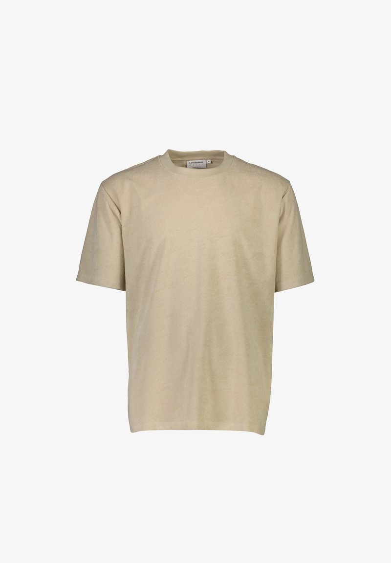 Beige kortærmet t-shirt lavet af blødt stof. Klassisk crew neckline med en afslappet pasform og uden bemærkelsesværdige mønstre eller detaljer.