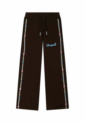 Pantalones negros de pierna ancha con bordado floral lateral en rosa y azul, cintura ajustable con cordón y logo azul "elevenparis" en el muslo derecho.