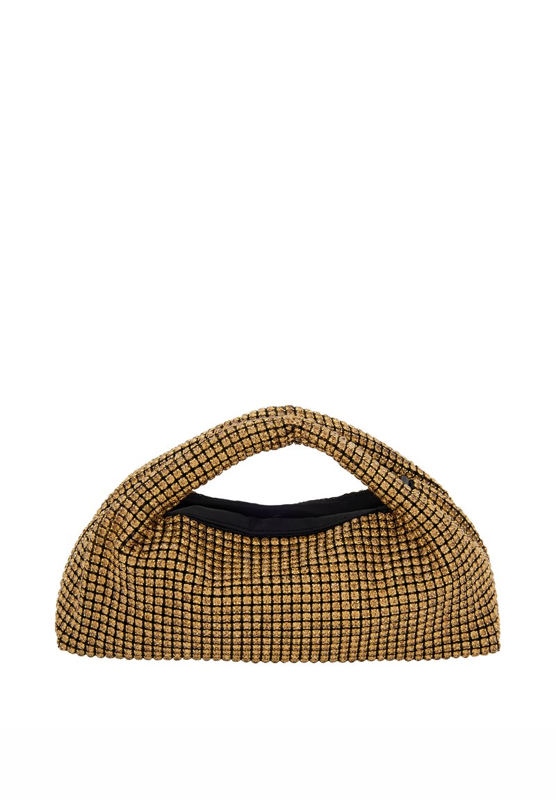 Guld- och svart pärlhandväska med ett böjt handtag, texturerad yta och mjukt innerfoder. Har en dragkedja på toppen.