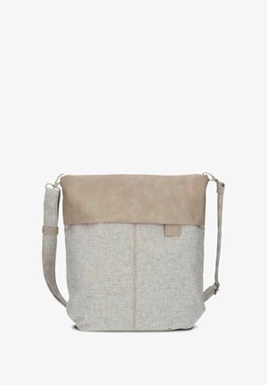 Gray fabric shoulder bag with a light brown faux leather top flap. Features an adjustable strap and a small tag logo on the side.