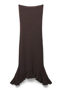 Jupe cintrée marron en tissu doux, avec un ourlet fronc�é et une texture lisse. Design simple et élégant sans motifs supplémentaires.