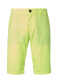 Neon žluté šortky vyrobené z lehkého materiálu, s knoflíkovým zapínáním, plochým předním dílem a délkou ke kolenům. Hladký povrch bez vzorů.